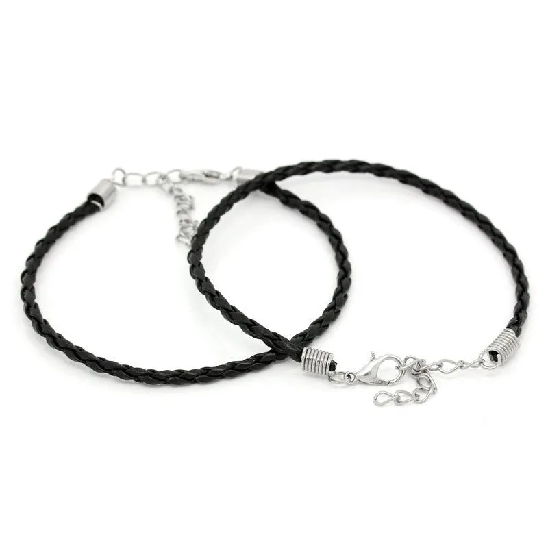 10 BLACK Braided Leatheroid Bracelets with Lobster Clasp. 7-5/8" long plus 2" extender chain fch0061
